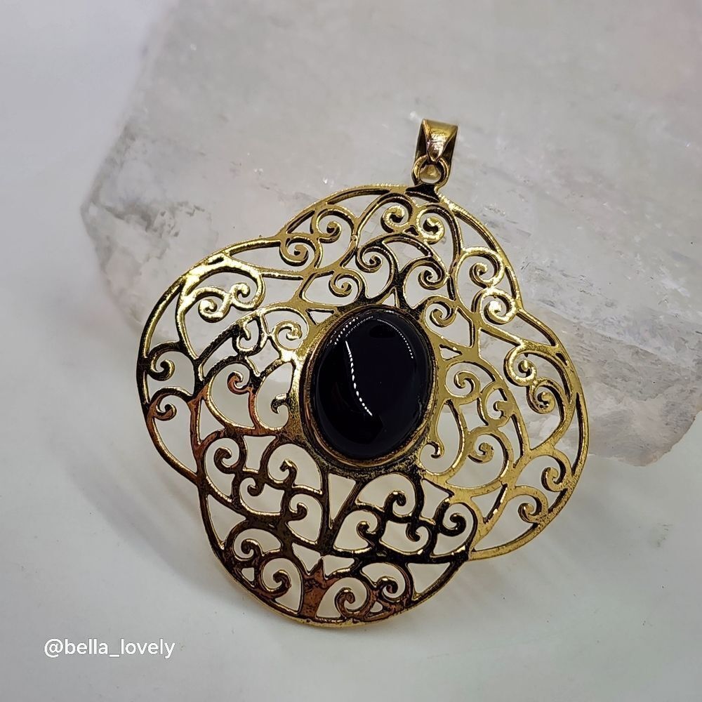 Onyx Gold Toned Ethnic Handmade Filigree Pendant Jewelry 2.27"